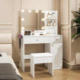 Yegosh Vanity Desk with Mirror and Lights Dimmable LED Makeup Vanity Table with Drawers Side Cabinet 3 Storage Shelves Power Outlet Dressing Table Set include Holder Cushioned Stool for Bedroom(white) Yegosh