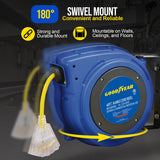 GOODYEAR Extension Cord Reel Extra Long 40 ft 14AWG 3C SJTOW, Triple Tap Connector, Heavy Duty, Slow Retraction Stop At Any Point Goodyear