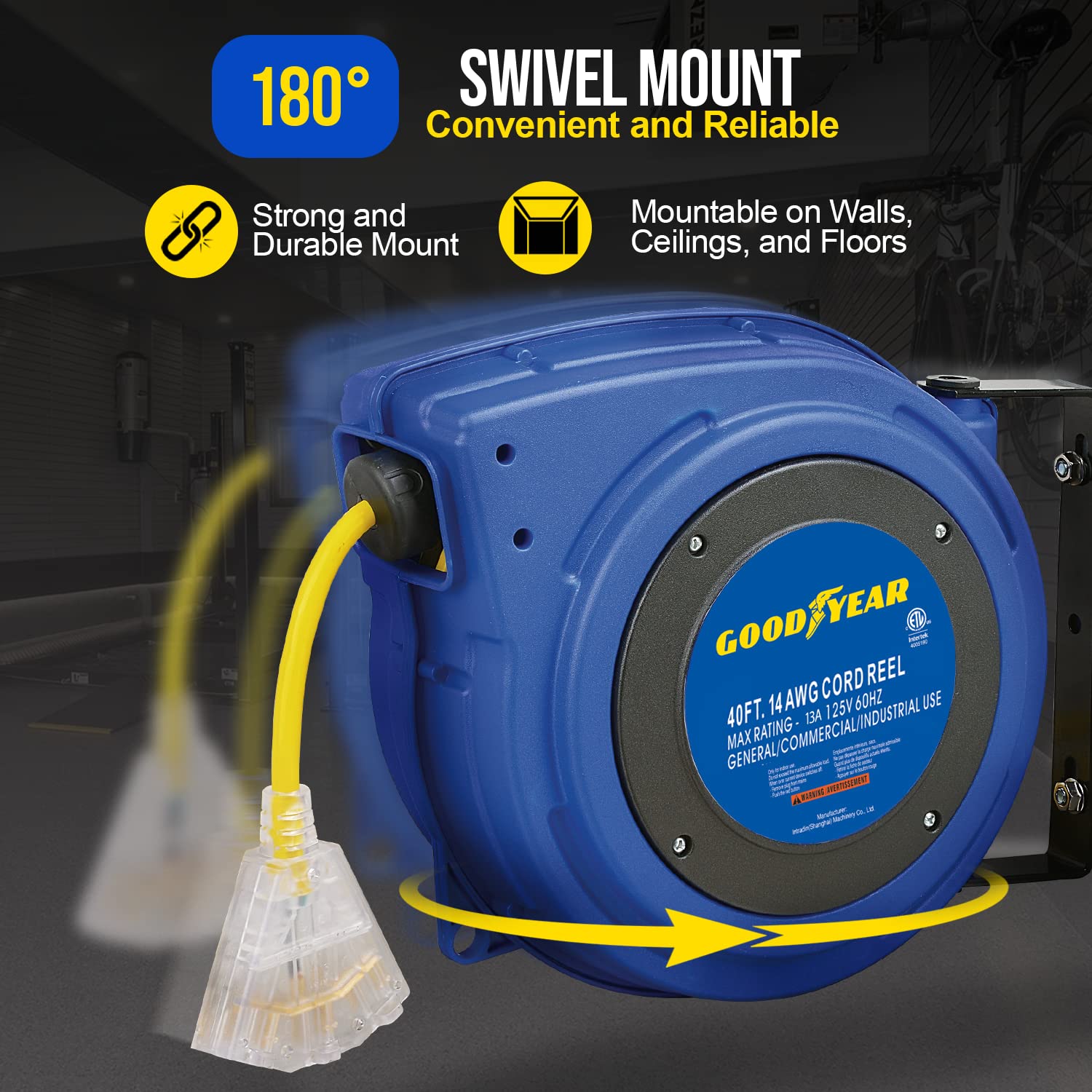 GOODYEAR Extension Cord Reel Extra Long 40 ft 14AWG 3C SJTOW, Triple Tap Connector, Heavy Duty, Slow Retraction Stop At Any Point - WoodArtSupply