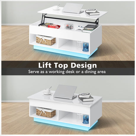 HOMMPA Modern Lift Top Coffee Table with Storage for Living Room LED Coffee Table Wodden Lift Tabletop Dining Table with Hidden Compartment and Metal Frame, White HOMMPA