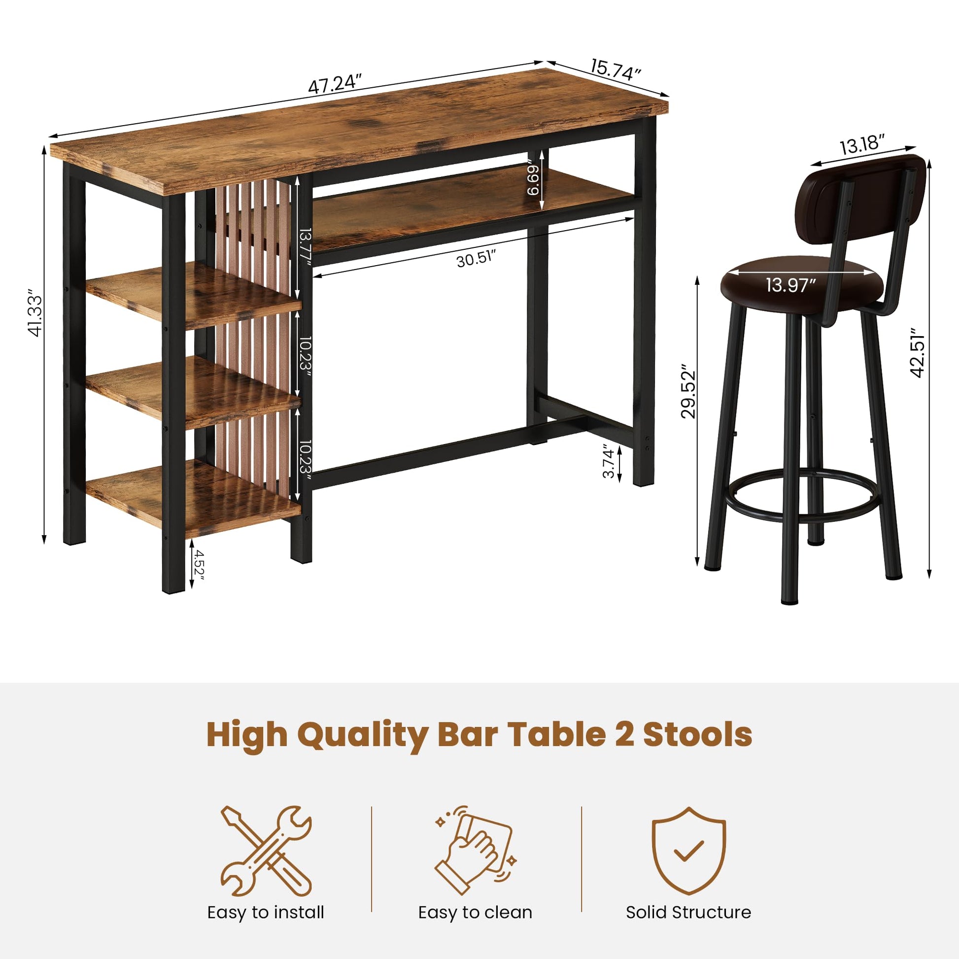 Recaceik Rustic Brown Counter Height Dining Set with Bar Table and 2 Upholstered Stools and Storage Shelves - WoodArtSupply