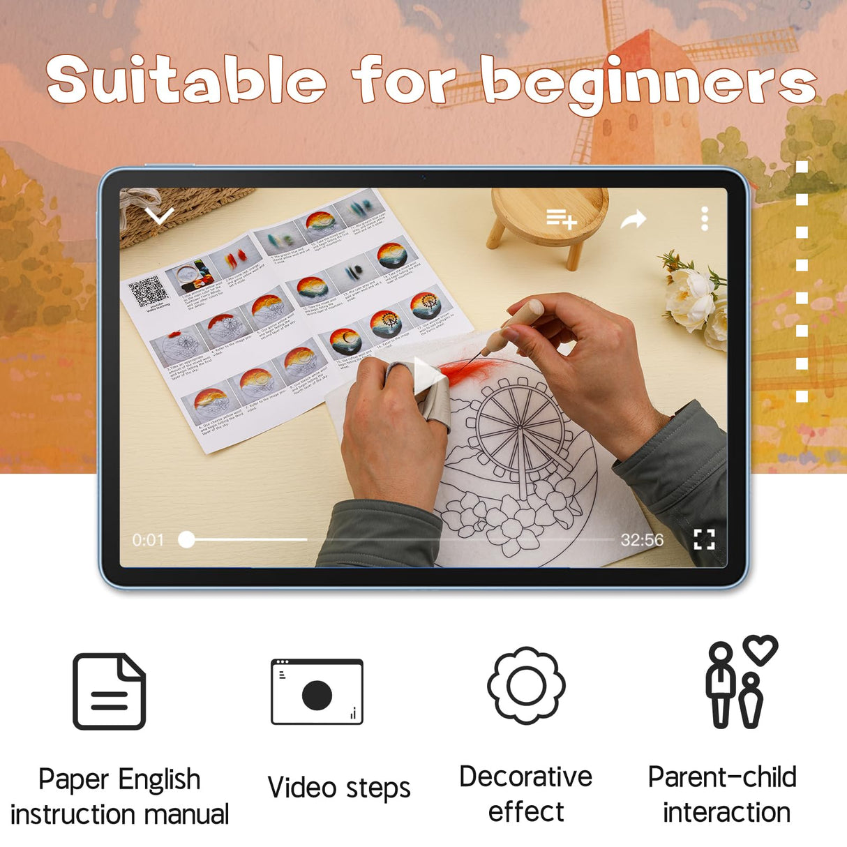 QMNNMA Needle Felting Kit for Beginners, Needle Felt Painting Kit with Picture Frame, Foam Pad, Felt Cloth, and Instructions, Flowers Wool Felting Kit Used for Home Decoration, Art Craft QMNNMA