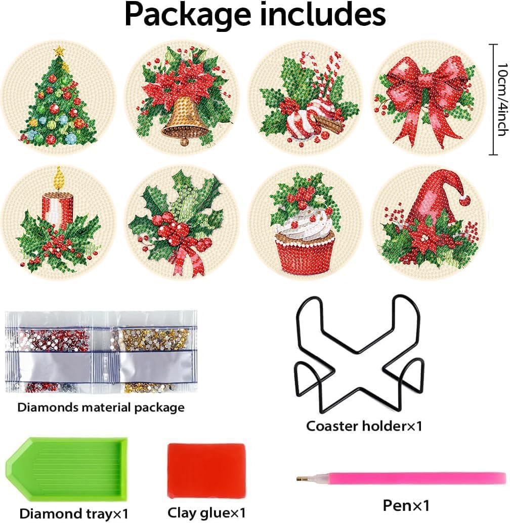 eniref 8 Pcs Christmas Diamond Art Coasters Kits with Holder, Chirstmas Bell Candy Candle Diamond Pinting Coasters Acrylic Cup Coaster with Cork Pads for Tabletop Protection 10×10 CM eniref
