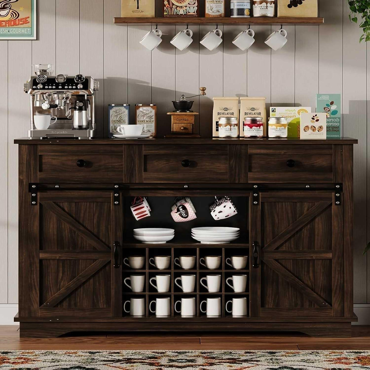 4ever2buy Farmhouse Coffee Bar Cabinet with Sliding Barn Door, Wine Bar Cabinet with Storage, 54 Inch Coffee Bar with 3 Drawers & 15 Racks, Buffet Cabinet for Living Dining Room, Kitchen, Dark Oak 4ever2buy