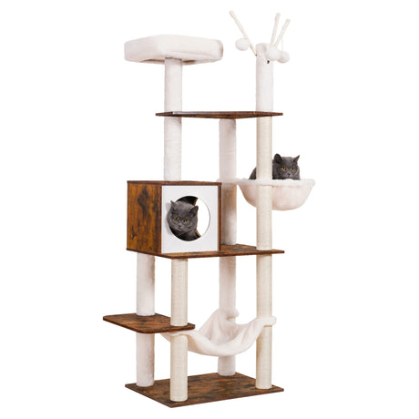Hey-brother Wooden Cat Tree, 66.1“ Cat Furniture with Scratching Posts, Modern Cat Tower with hammocks, Toys, cat condo, Rustic Brown MPJ120SR Hey-brother