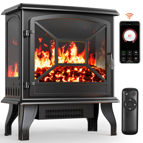 Silonn Electric Fireplace Heater, 5300 BTU Portable Fireplace with App & Remote,24-inch Low Noise Electric Fire Place with 5 Brightness Levels, Temp Control & Timer for Living Room, Bedroom, Black Silonn