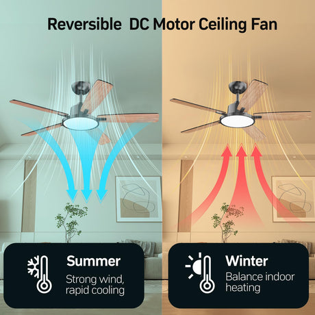 TALOYA 52 Inch Black Ceiling Fans with Lights Led Remote Control Flush Mount Low Profile for Bedroom Living Dining Room Outdoor Farmhouse Patio,Reversible,DC Motor,Diammable,Buzzer ON/Off,5 Blades TALOYA