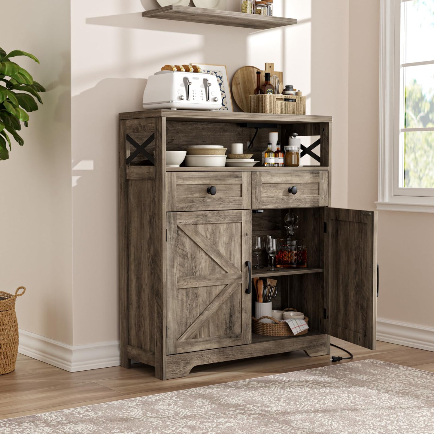 31.5" Rustic Grey Farmhouse Storage Cabinet with Barn Doors and Drawers, Sideboard Buffet Cabinet with Storage, Kitchen Pantry Hutch Cabinet, Coffee Bar Station Table for Kitchen, Livingroom, Bathroom