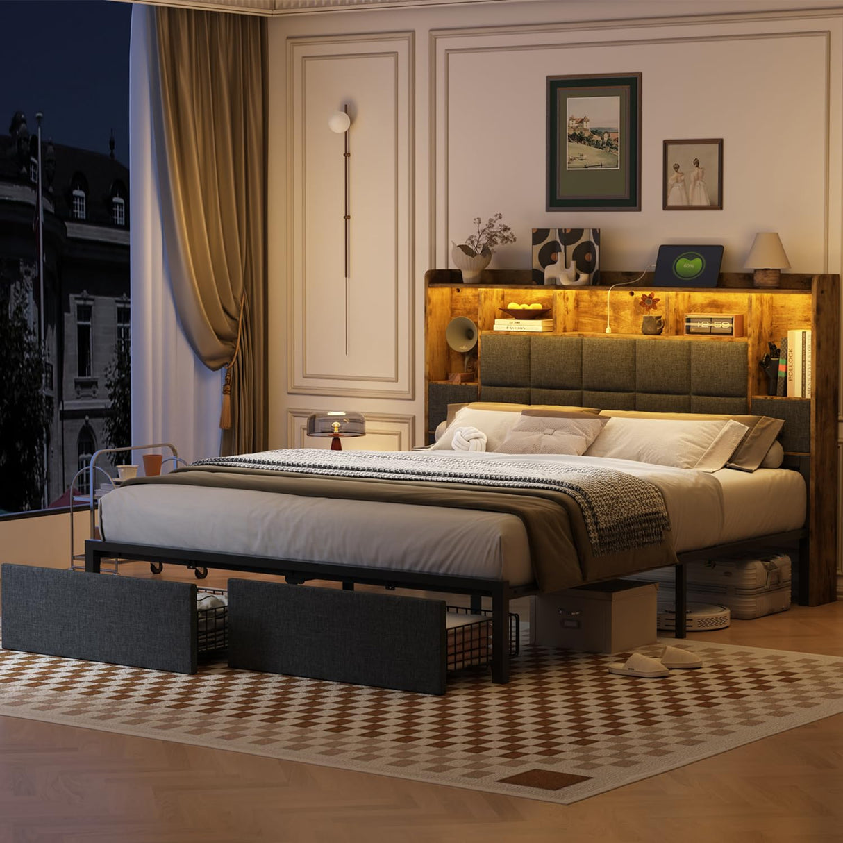 TIGUBFRE King Size Bed Frame with Bookcase Storage Drawers, LED Lights, Upholstered Platform Bed Frame with Headboard, Charging Station, Metal Slats Support, Noise Free, No Box Spring Needed, Grey TIGUBFRE