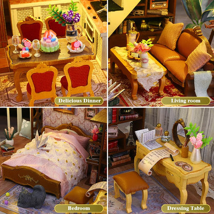 Yuzhen DIY Miniature Dollhouse with Furniture and LED Lights, European Style Villa Wooden Dollhouse Includes Dustcover and Music Movement, Exquisite Home Decor - WoodArtSupply