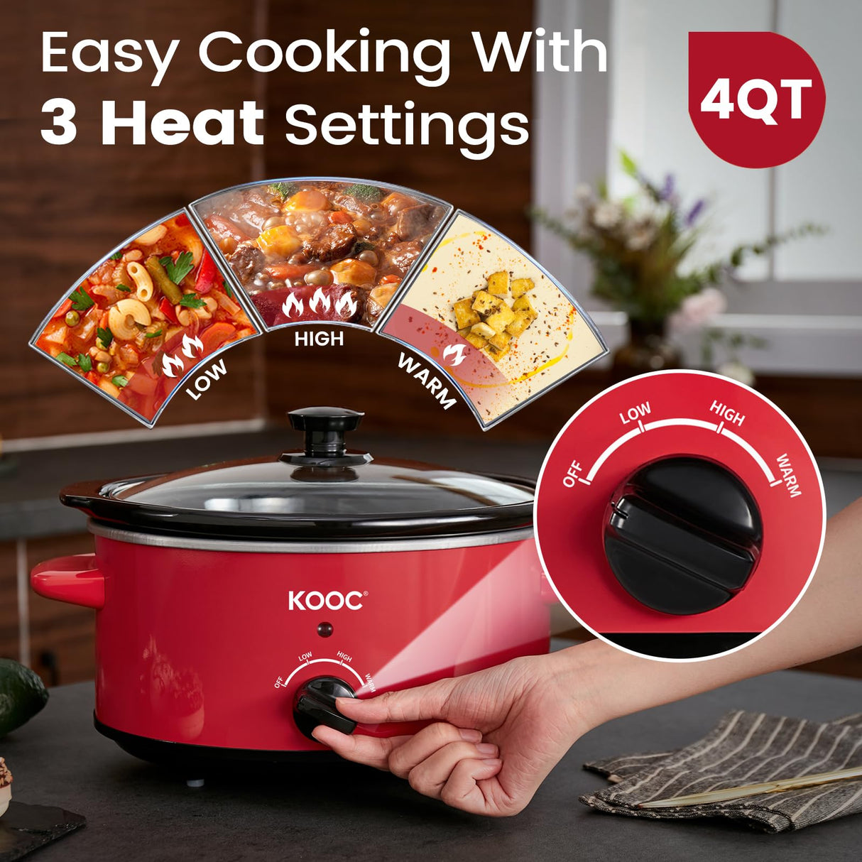 KOOC 4 Quart Slow Cooker, Free Liners Included for Easy Clean-up, 3 Temperature Settings, Dishwasher Safe Crock, Stainless Steel, RED, Ellipse KOOC