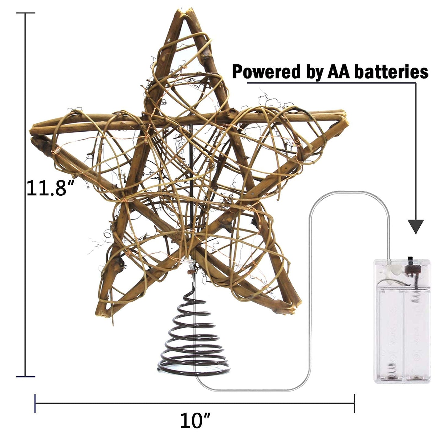 Christmas Tree Topper Farmhouse Christmas Decor Christmas Tree Decorations Rattan Natural Christmas Tree Star with 10 Warm LED Lights for Rustic Christmas Ornaments Holiday Seasonal Decoration 10 Inch