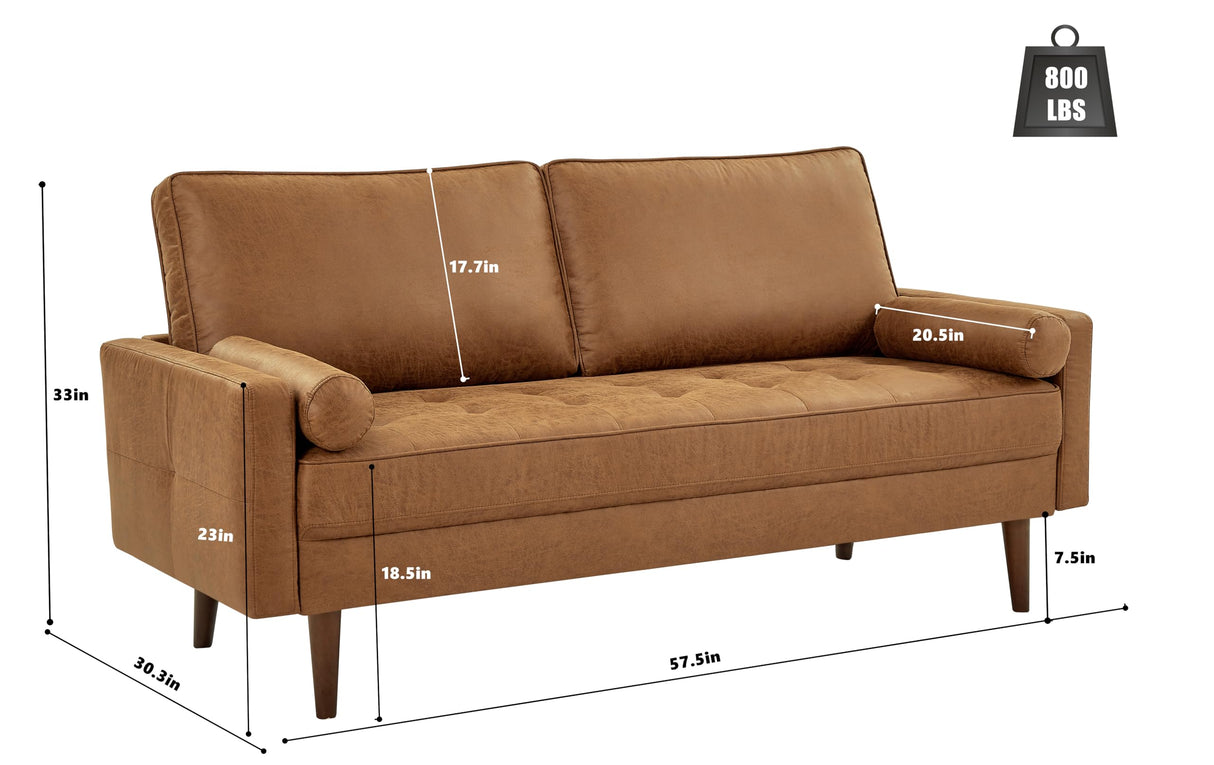 HIFIT 58" Loveseat Sofa Couch, Mid Century Modern Faux Leather Couch with Hand-Sewn Deep Love Seat & 2Pillows, Home Sofa Living Room Small Couches for Small Space,Bedroom,Office,Solid Wood Frame,Brown HIFIT