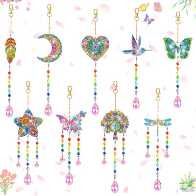Thyle 9 Pcs Diamonds Painting Suncatcher Kit Wind Chimes DIY Diamond Kits Diamond Art Sun Catchers for Adults DIY Crafts Garden Home Decor Crystal Hanging Ornaments, 9 Styles