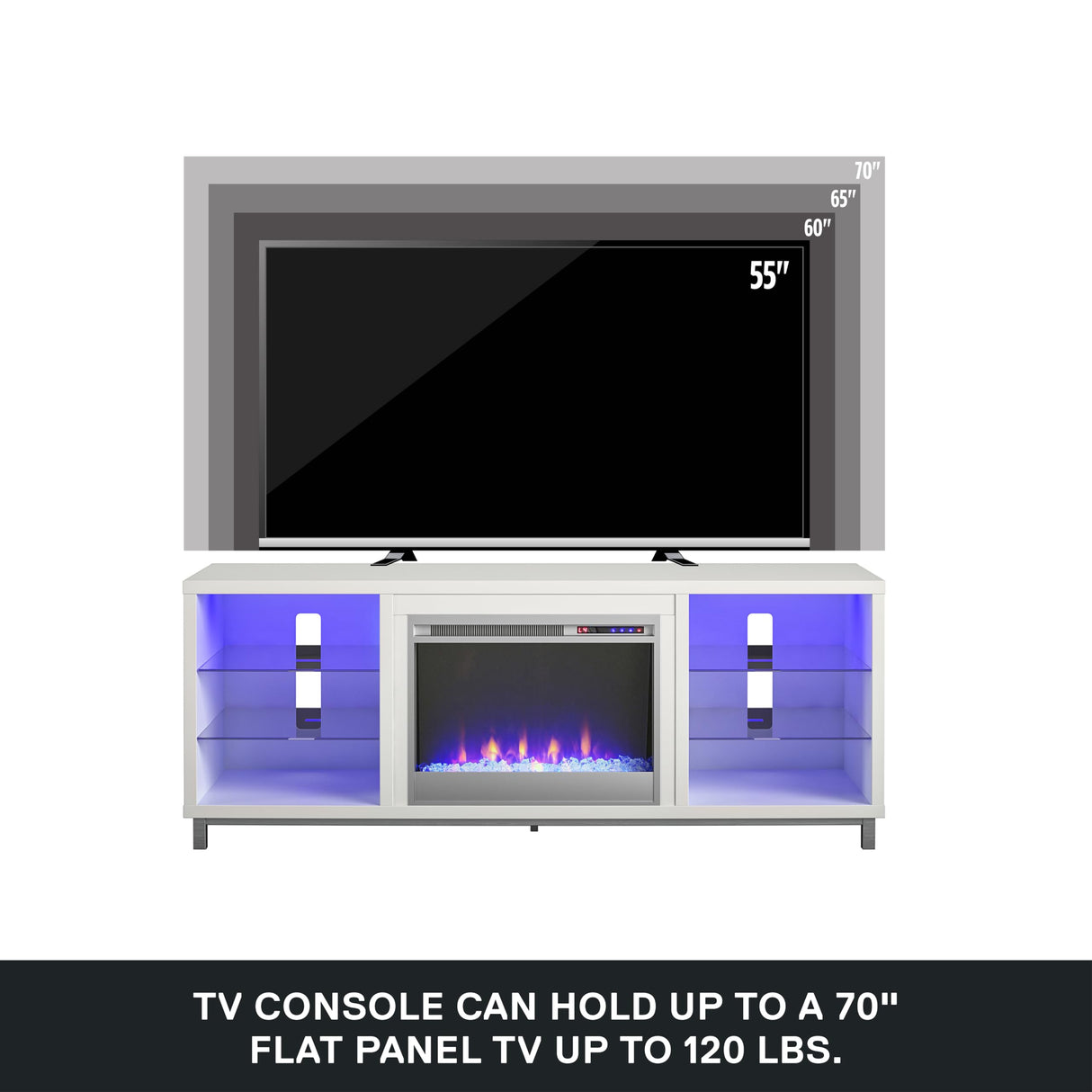 Ameriwood Home Lumina Fireplace TV Stand for TVs up to 70 Inch, Replaceable Electric Fireplace Insert Heater, Remote Control, Timer, Color Changing LED Lights, Crystal Ember Flames, White Ameriwood Home