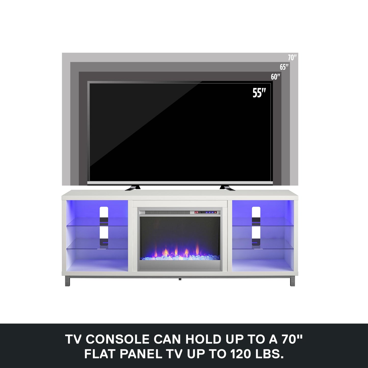 Ameriwood Home Lumina Fireplace TV Stand for TVs up to 70 Inch, Replaceable Electric Fireplace Insert Heater, Remote Control, Timer, Color Changing LED Lights, Crystal Ember Flames, White - WoodArtSupply