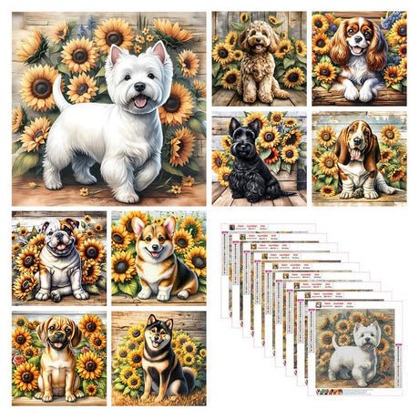 Stalente Diamond Painting Kits for Adults Dog and Sunflower, 9 Pack 5D Diamond Art Kits for Beginners Round Full Drill Diamond Painting for Home Wall Decoration Gift 12×12inch, Animal Flower Stalente