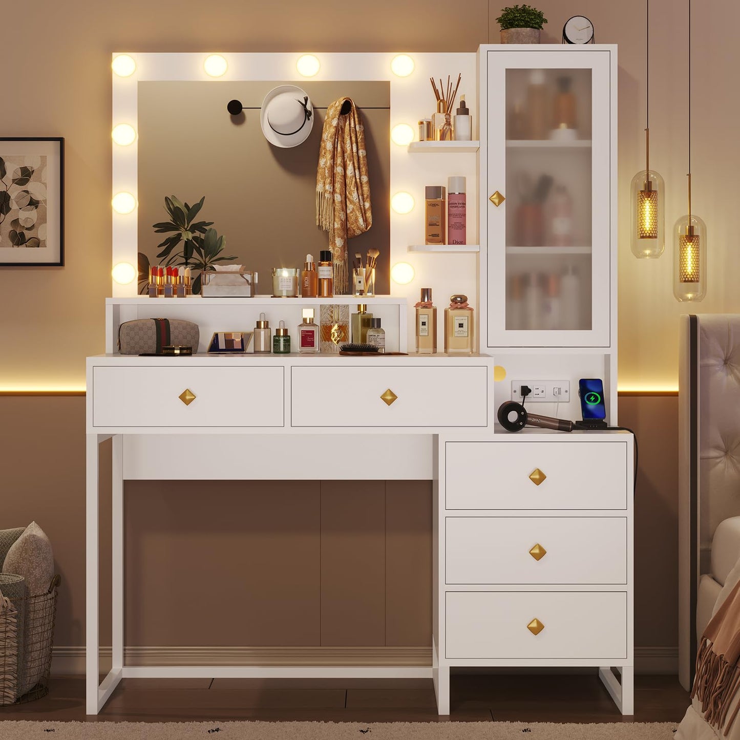 Tiptiper Vanity Desk with Mirror and Lights, Makeup Vanity with Lights & Charging Station, Makeup Desk with 5 Drawers & Storage Shelves, White - WoodArtSupply