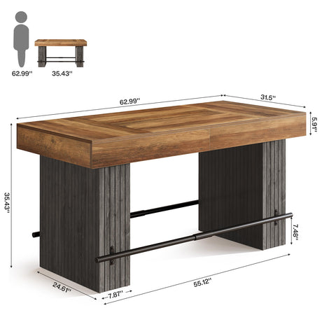 Tribesigns 63 Inch Bar Table, Industrial Counter Height Pub Dining Table, Rectangular Home Bar Units with Metal Footrest for Home Kitchen, Dining Room, Bistro Tribesigns