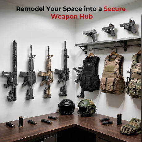 ONNAIS Gun Lock Wall Mount - Quick Access Biometric Trigger Lock with Gun Rack for Wall, Vertical Heavy Metal Wall Hooks for Rifle, Shotgun & Pistol, Space-Saving Hidden Storage for Garage, Desk, Car ONNAIS