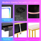 CHARMAID RBG LED Makeup Vanity Table, Colorful Lighted Mirror, 7 Dynamic & 7 Static Modes, 3-drawer Chest, 3 Shelves, Large Drawer, Girls Vanity Desk Dressing Table with Stool CHARMAID