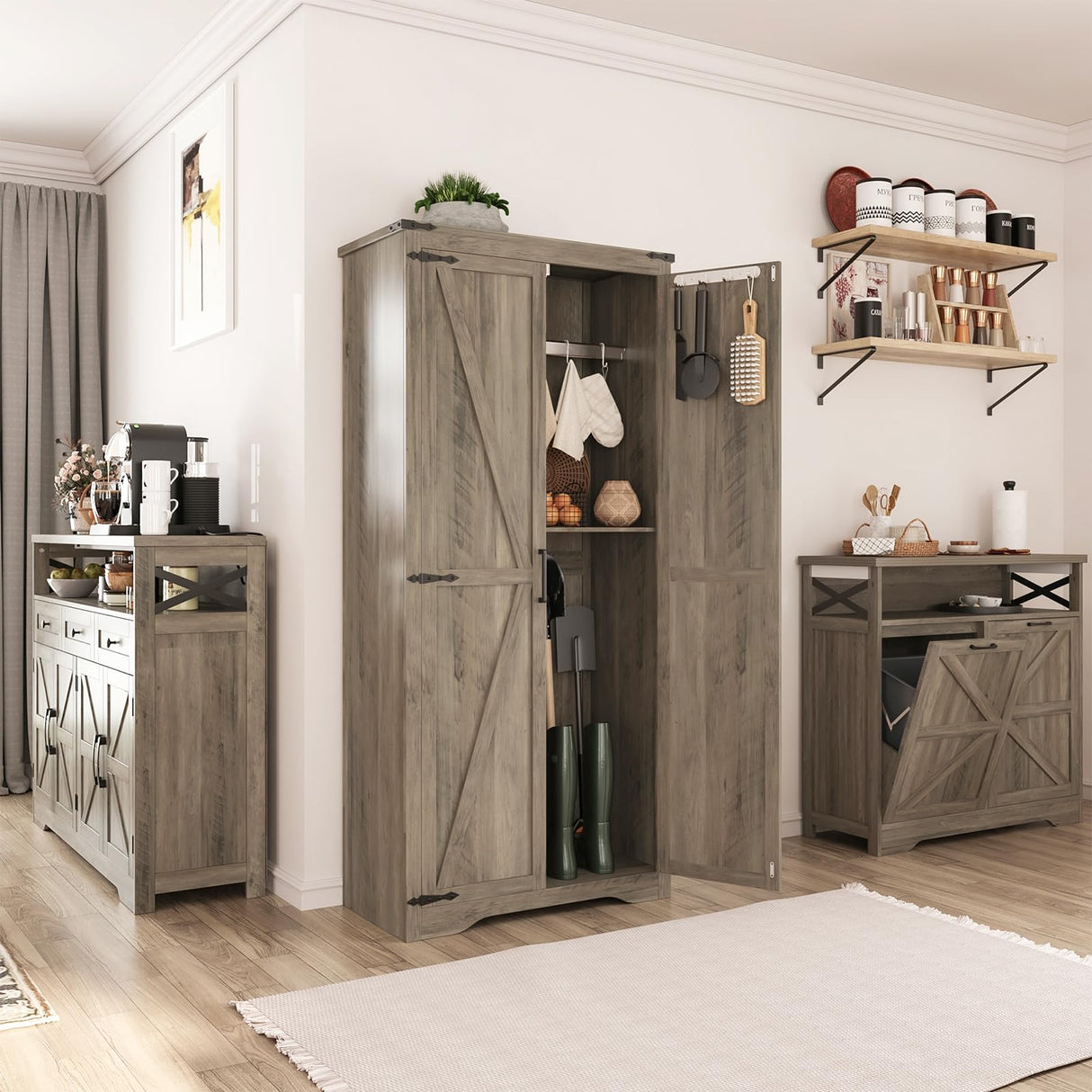 Befrases Farmhouse Rustic Grey Storage Cabinet with Adjustable Shelves, Large Pantry Organize with 2 Barn Doors, Tall Freestanding Cabinet for Kitchen, Bathroom/Garage/Basement/Living/Utility Room Befrases