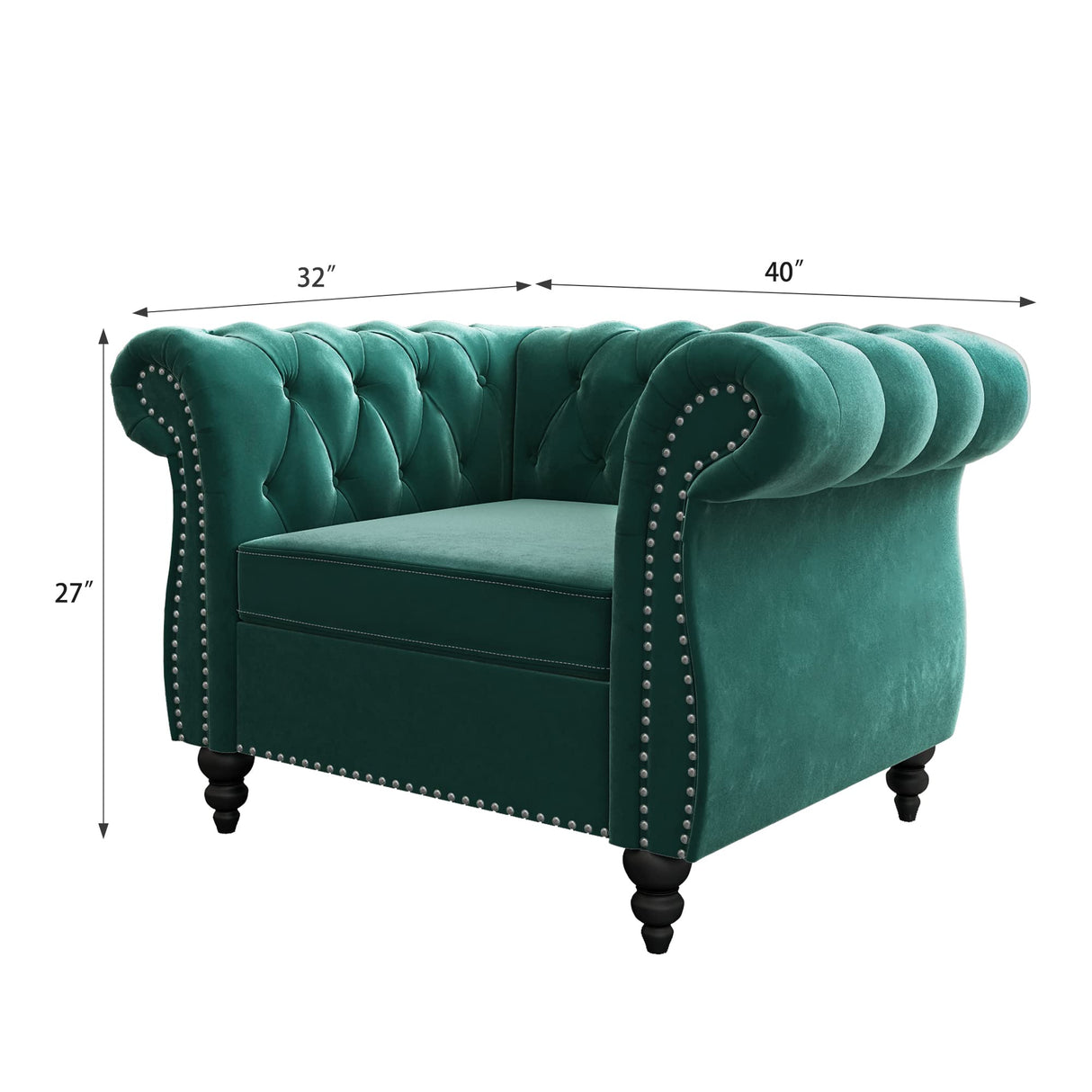2 Piece Living Room Set, Velvet Chesterfield Sofa Loveseat Couch Chair with Scroll Arms and Nailhead for Living Room, Office (Green) ORRD