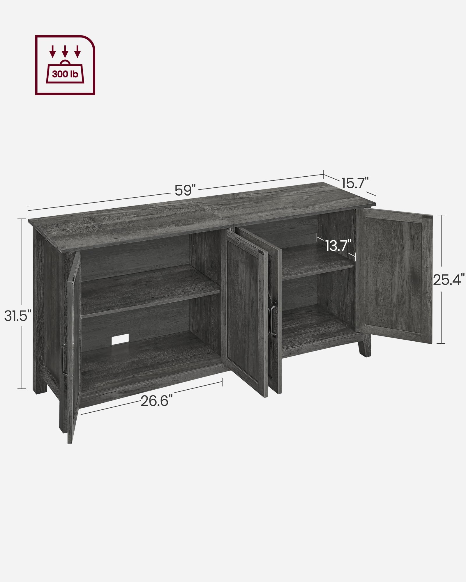 VASAGLE Buffet Storage Cabinet, 15.7" D x 59" W x 31.5" H Credenza Sideboard Table, Kitchen Cupboard with Adjustable Shelves for Living, Dining Room, Entryway, Charcoal Gray ULSC381T04 - WoodArtSupply