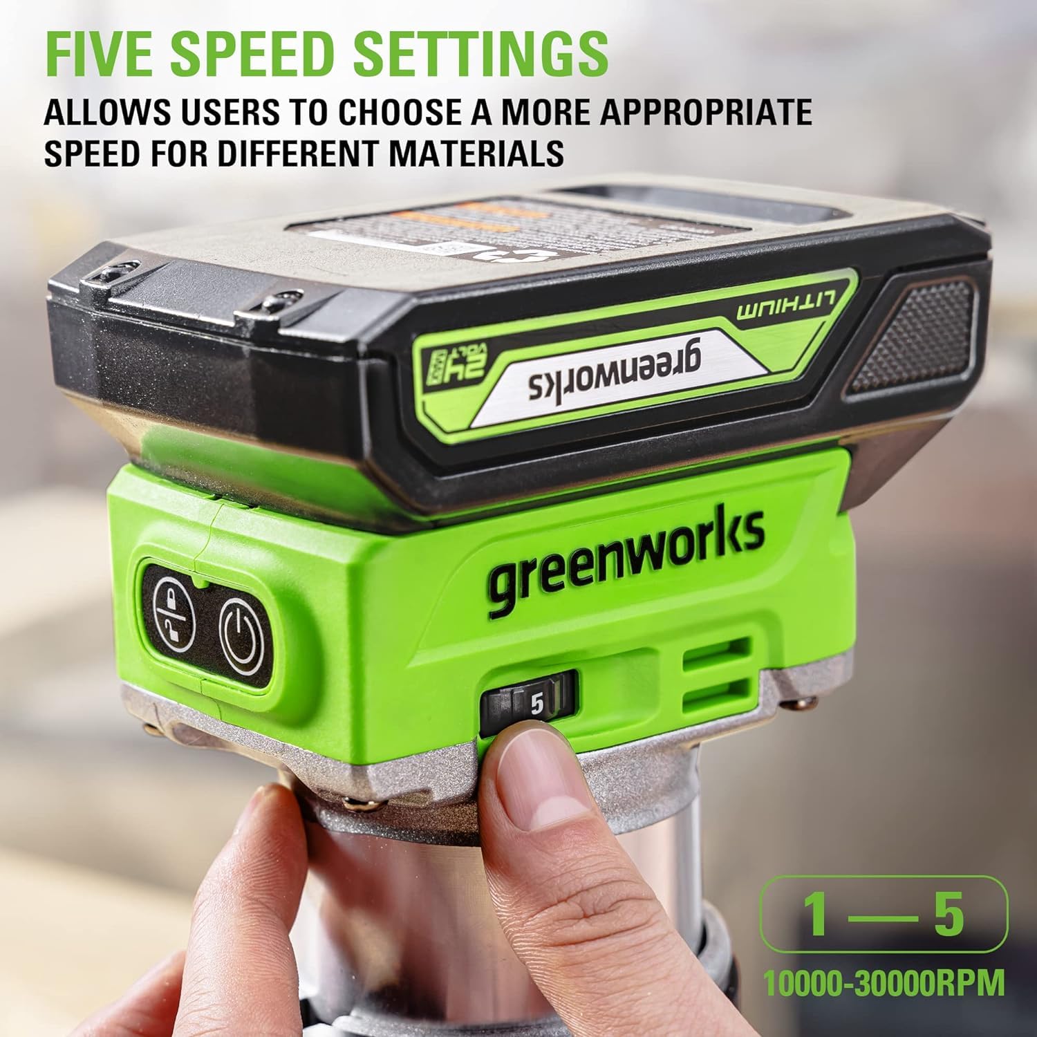 Greenworks 24V Cordless Trim Router, Variable Speed Brushless Motor Compact Palm Router with 2Ah Battery and Charger - WoodArtSupply