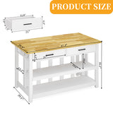 47.3" Solid Rubberwood Kitchen Island with Power Outlets - Extra Large Work Surface, 2 Drawers & Open Shelves Storage Cabinet for Kitchen Dining Room, Farmhouse Style (White) DynJest