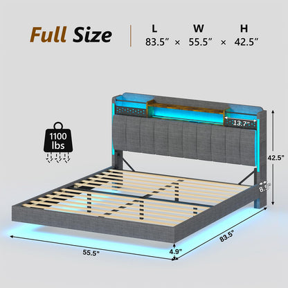 Full Size Floating Bed Frame with RGB Lighting, Charging Station & Hidden Storage in Dark Gray - WoodArtSupply