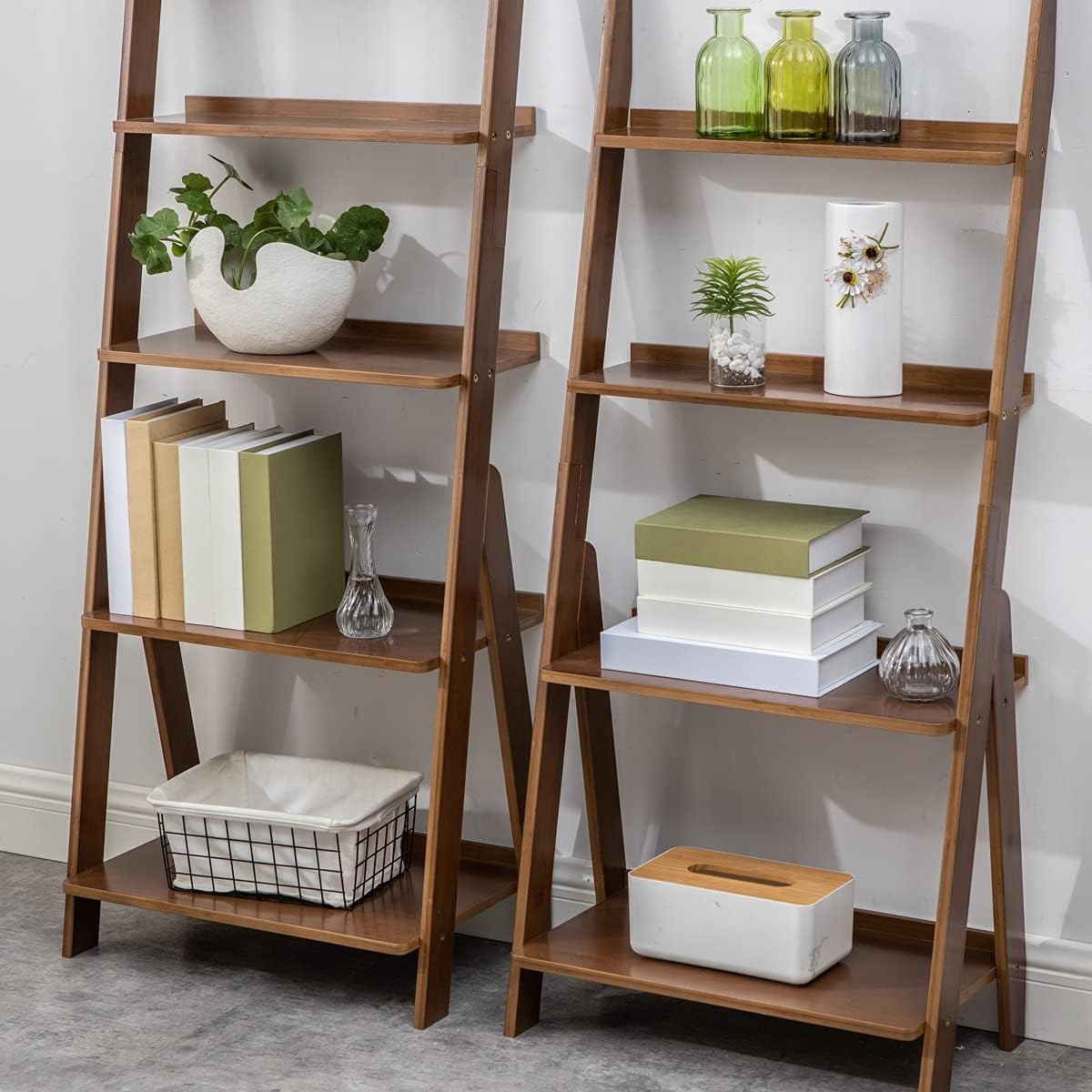 Maydear Bamboo Ladder Shelf Bookcase, 5-Tier Leaning Bookshelf Free Standing Organizer Storage Shelves for Living Room, Bedroom, Kitchen, Home Office, Balcony, Walnut Maydear
