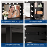 Semiocthome Vanity Desk with Mirror and 10 LED Lights, 39.4"W Makeup Desk with 2 Big Drawers and Side Shelves for Storage, Girl's Dressing Table with Metal Frame, Corner Makeup Table with Chair- Brown Semiocthome