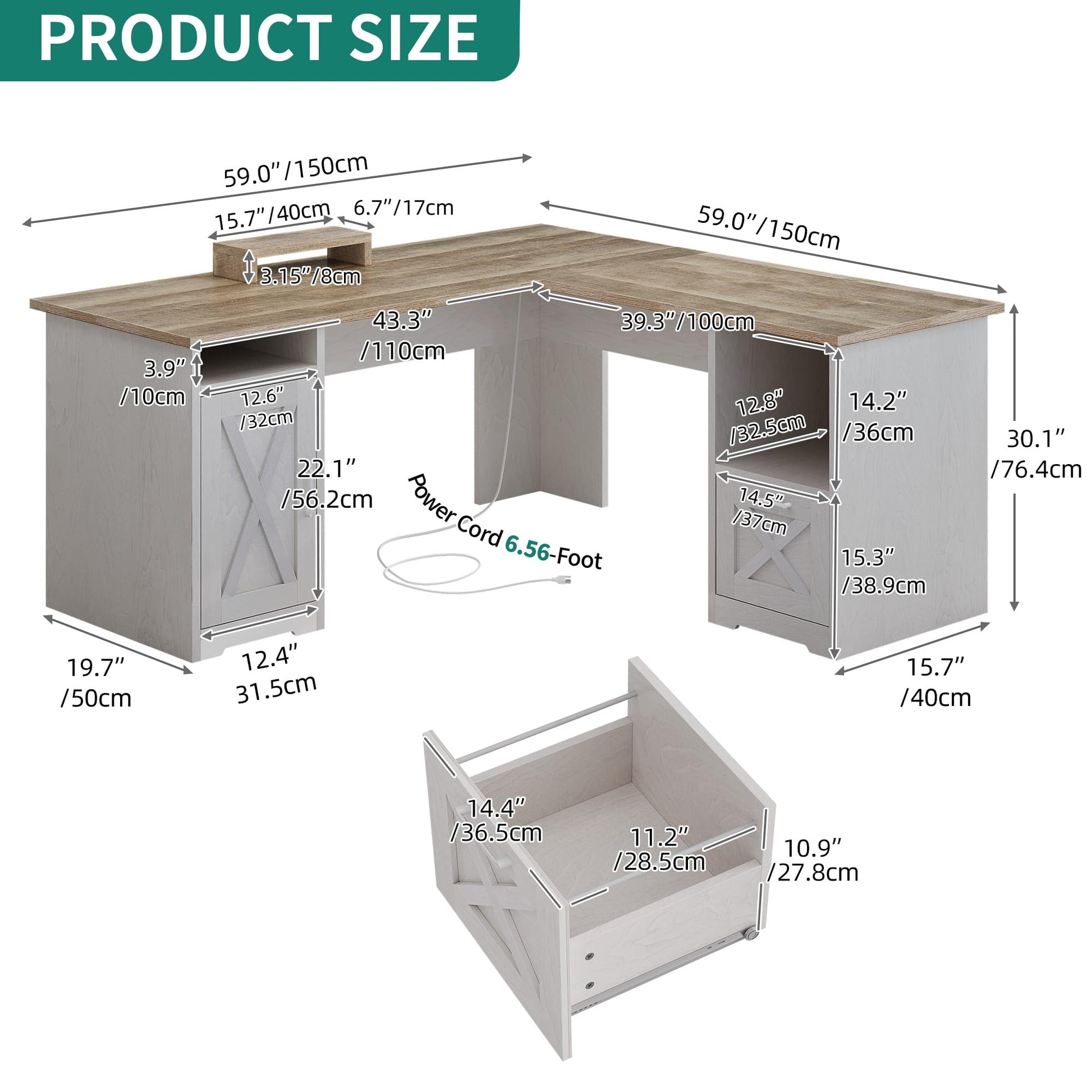 DWVO L Shaped Desk with File Drawer, 60" Corner Computer Desk with Power Outlets, Home Office Desk with Monitor Stand & Storage Shelves & File Cabinet, Grey Wash - WoodArtSupply