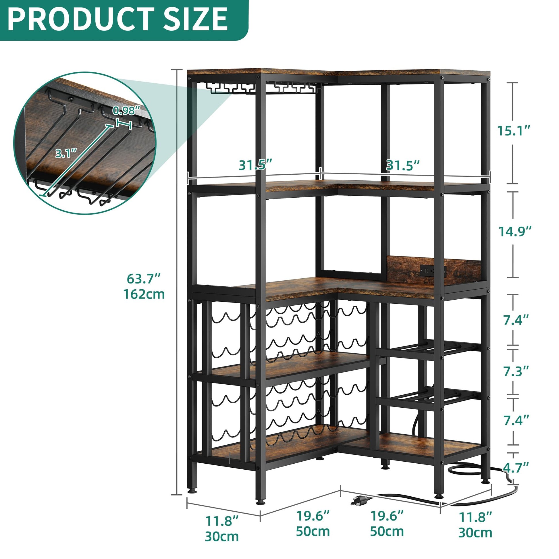 YITAHOME Large Corner Wine Rack, 63'' Corner Bar Cabinet with Power Outlet and LED Light, 5-Tier L Shaped Industrial Liquor Cabinet w/Glass Holder, Corner Open Display Cabinet for Home, Rusti - WoodArtSupply