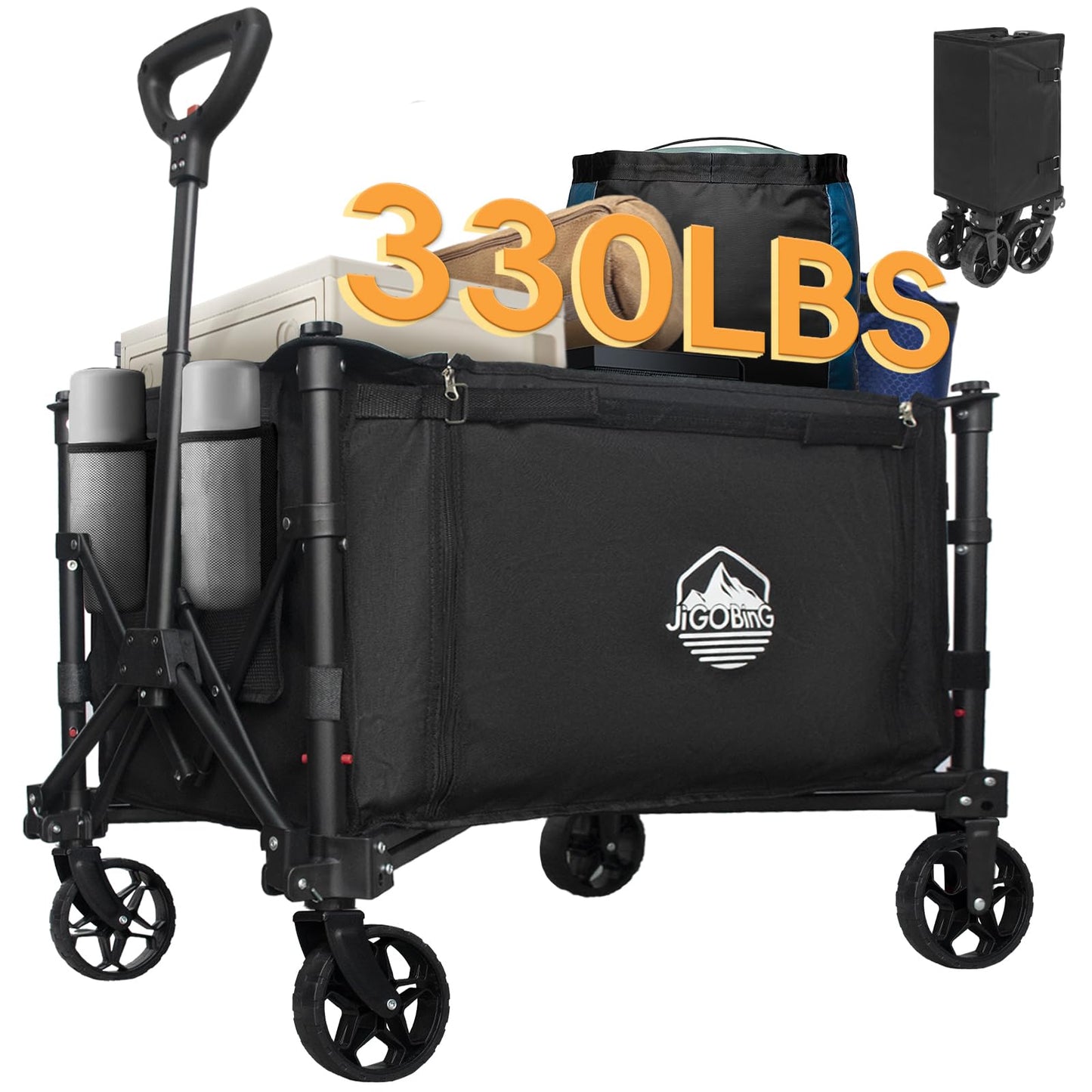 JIGOBING Collapsible Wagon, Portable Folding Wagon Cart with Wheels Foldable, 330lbs Heavy Duty Beach Wagon Outdoor Utility Cart with Dual Side Zipper, Cup Holders for Grocery Camping Garden Sports