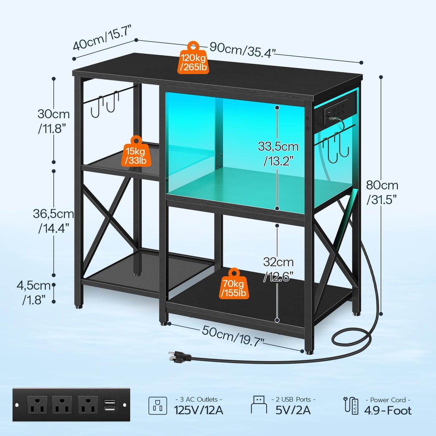 HOOBRO 20-29-37 Gallon Fish Tank Stand with Power Outlets and LED Light, Aquarium Stand with Storage Shelves, 35.4" L x 15.7" W, Reptile Tank Stand with Stable Metal Frame, Black BK80UDFT01 - WoodArtSupply