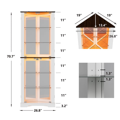 PAKASEPT 71'' Farmhouse Corner Display Curio Cabinet with LED Lights&Tempered Glass Doors,Display Case with Light Strip,Shelves,Floor Standing Liquor Wine Cabinet Storage Rack for Bar,White