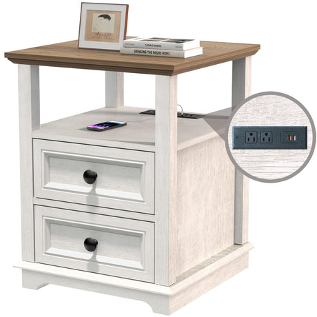 REDAYFUR End Table with Fast USB C Charging Station, 24” Tall Sofa Side Table with 2 Drawers, Large Storage Rustic Wood Square Storage Cabinet for Living Room,Bedroom,Office, White REDAYFUR