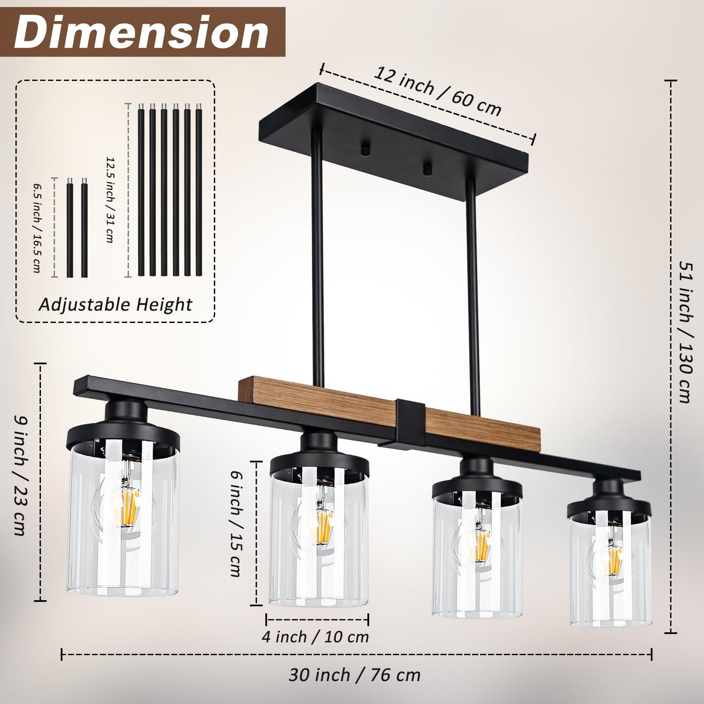 Dining Room Light Fixture Over Table, Farmhouse 4-Light Kitchen Island Lighting, Modern Wood Chandelier with Adjustable Height, Large Industrial Black Pendant Lights Ceiling Hanging for Living Room