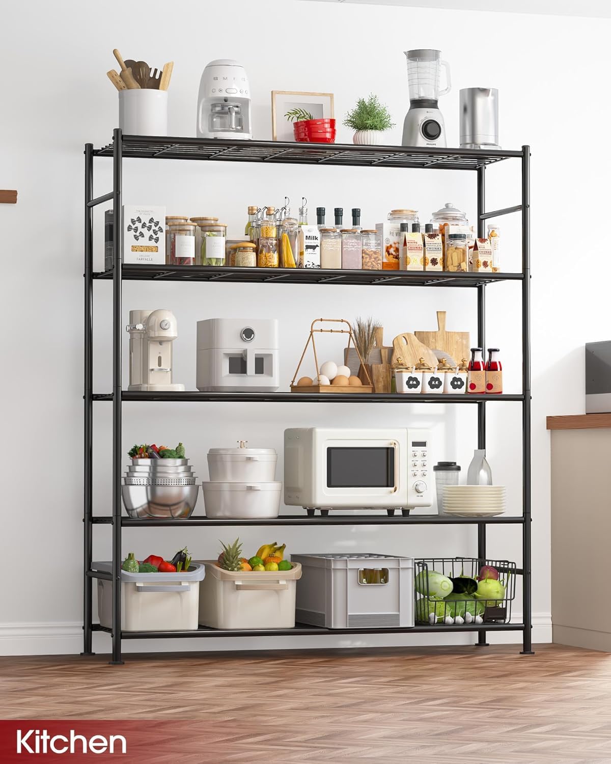 Sakugi Storage Shelves - 5 Tier Shelf Organizer, Heavy Duty Garage Shelving Unit with Leveling Feet, Stable Metal Shelves Organizer for Pantry, Kitchen and Closet, 47.3" W x 12.6" D x 60.8" H, Black Sakugi
