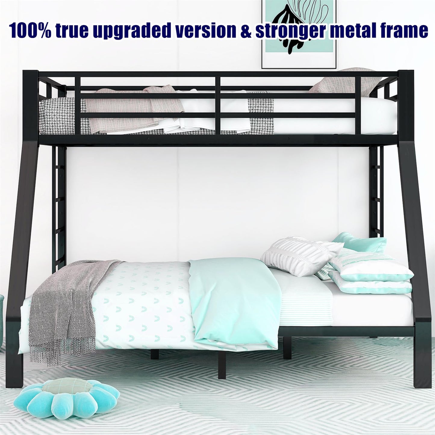 TIHWOALL Latest Upgrade & Stronger Twin XL Over Queen Bunk Bed, Heavy Duty Thickened More Rust-Proof Metal Steel Bunk Queen Bed with Enhanced Legs & Slats (Easier Assembly) (Twin XL Over Queen)