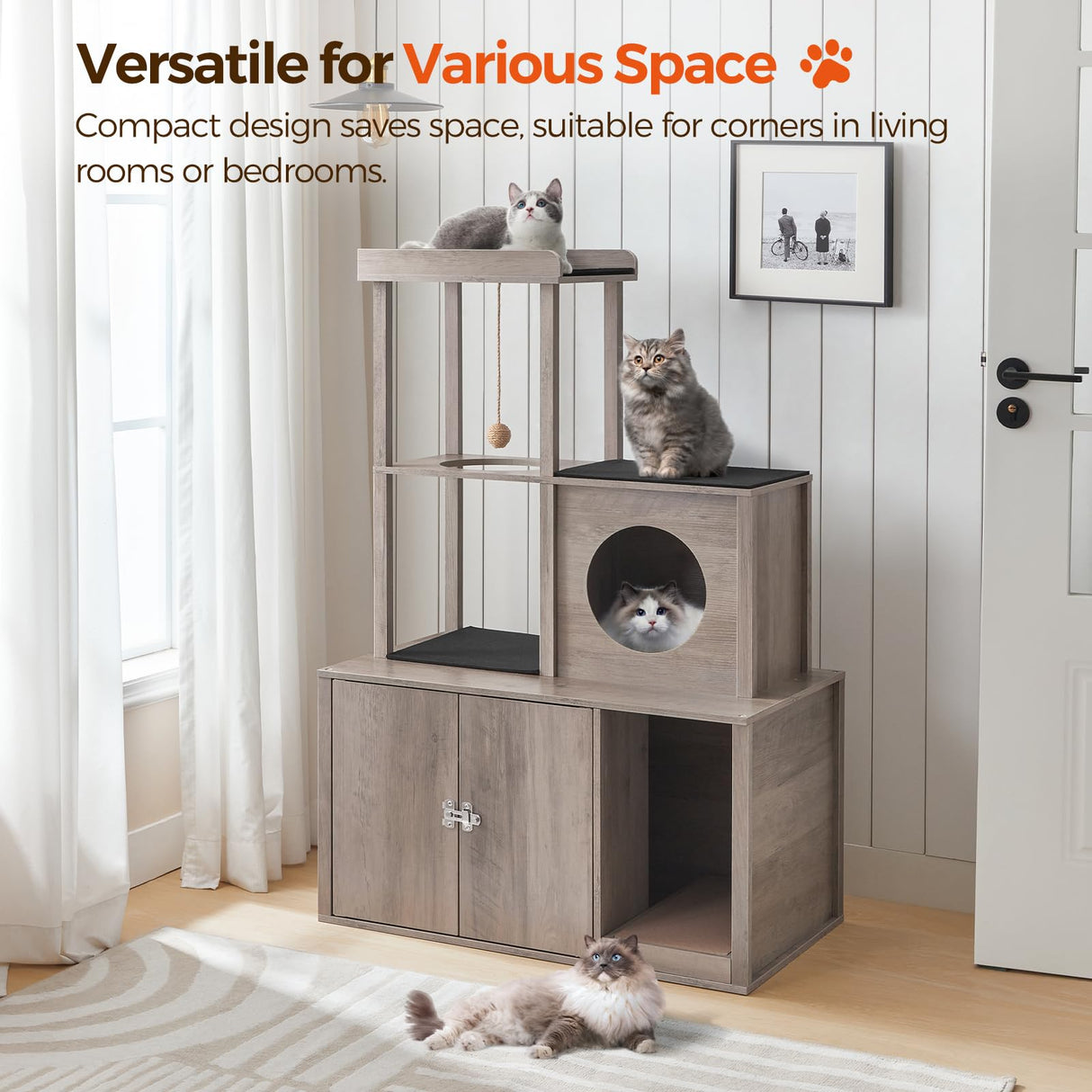 MAHANCRIS Cat Tree with Litter Box Enclosure, Hidden Cats Litter Box Furniture with Condo and Plush Ball, Wooden Cats Washroom Furniture with Platform, Indoor Cat House, Greige CWHG1501 MAHANCRIS