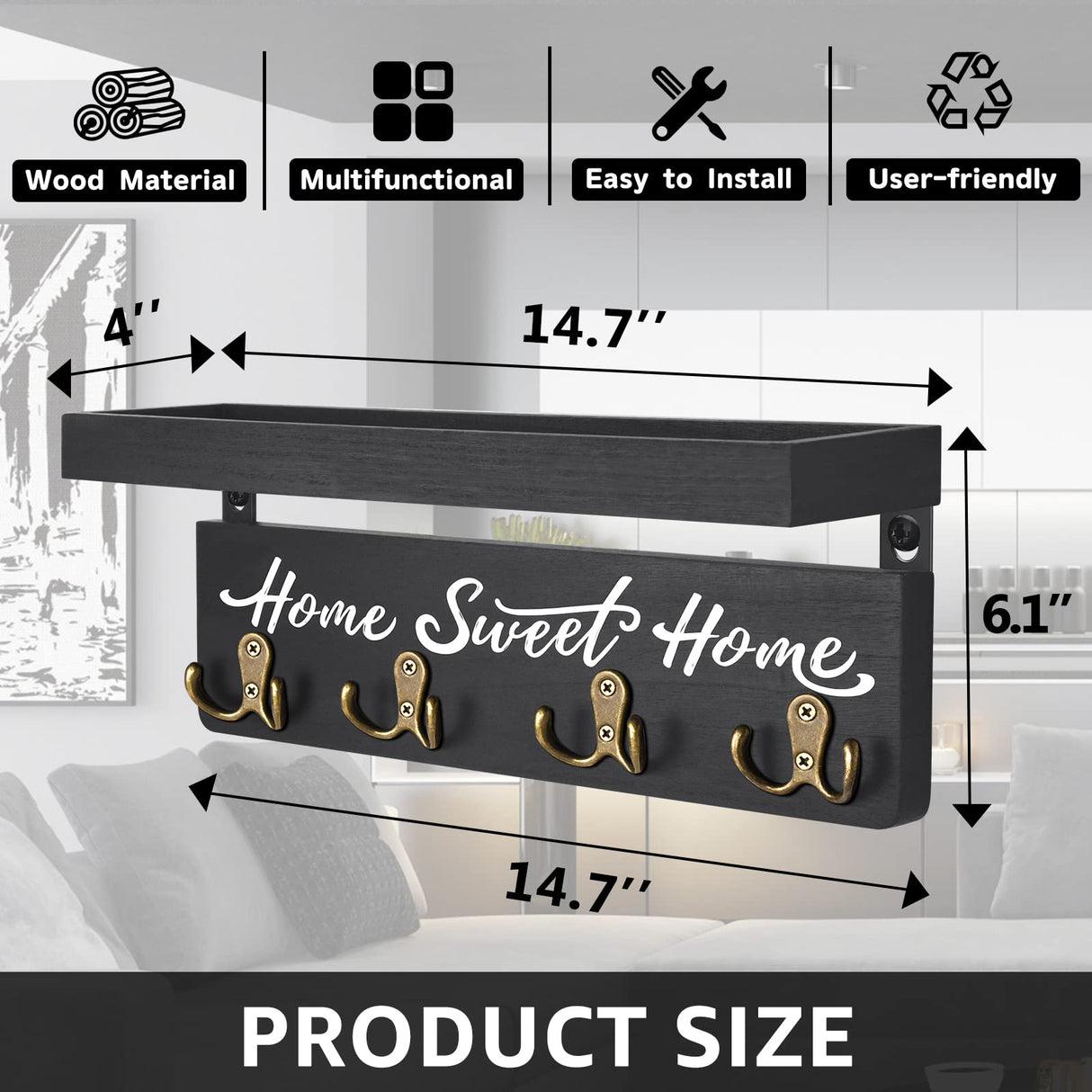 buways Key Holder for Wall Decorative, Rustic Wooden Key Hanger for Wall with 4 Double Key Hooks, Farmhouse Key Holder Rack and Mail and Key Organizer for Home Entryway Decor(Black) buways