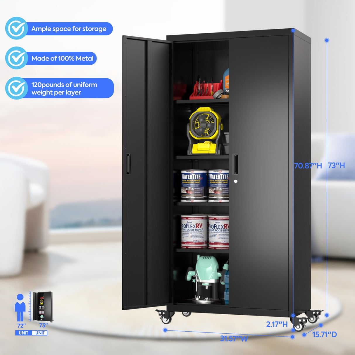 Reemoon 73" H Metal Storage Cabinet with Wheels, Garage Storage Cabinet with 4 Adjustable Shelves and Lockable Doors for Garage Home Office Utility Room,Required Assembly,Black Reemoon