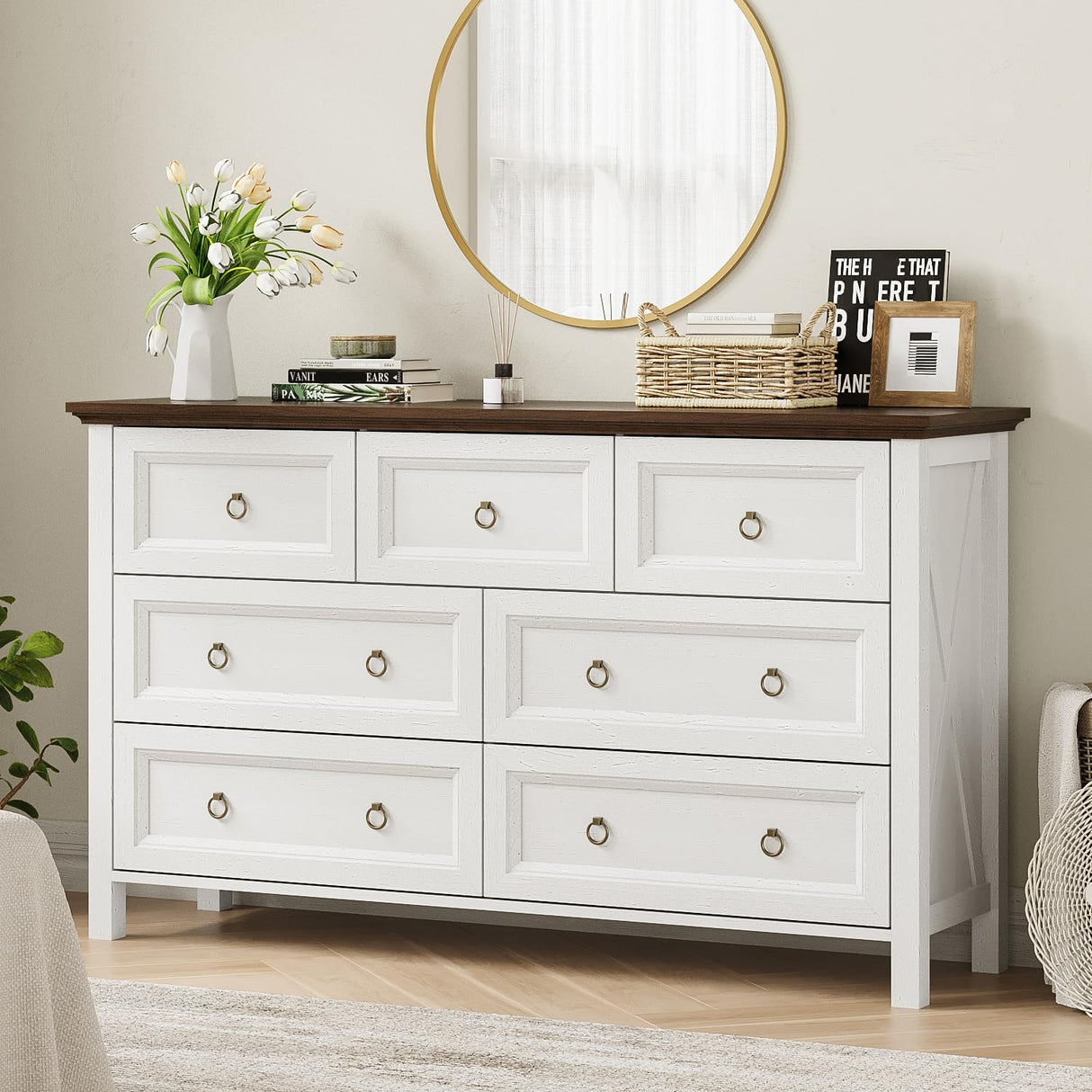 7 Drawer Dresser for Bedroom, 54" Farmhouse Dresser, Rustic Chest of Drawers, White Dresser with Barn Design, Brown Tabletop & Antique Bronze Handles, Wood Dresser for Closet, Bedroom Dressers Angel Sar