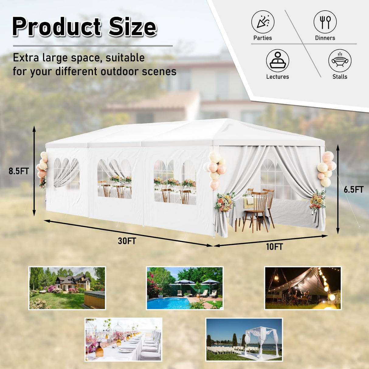 White Party Tent 10x30 Outdoor Canopy Tent with 8 Removable Sidewalls Heavy Duty Wedding Events Tents for Parties Waterproof Patio Gazebo Shelter for Birthday Graduation Backyard DOINUO