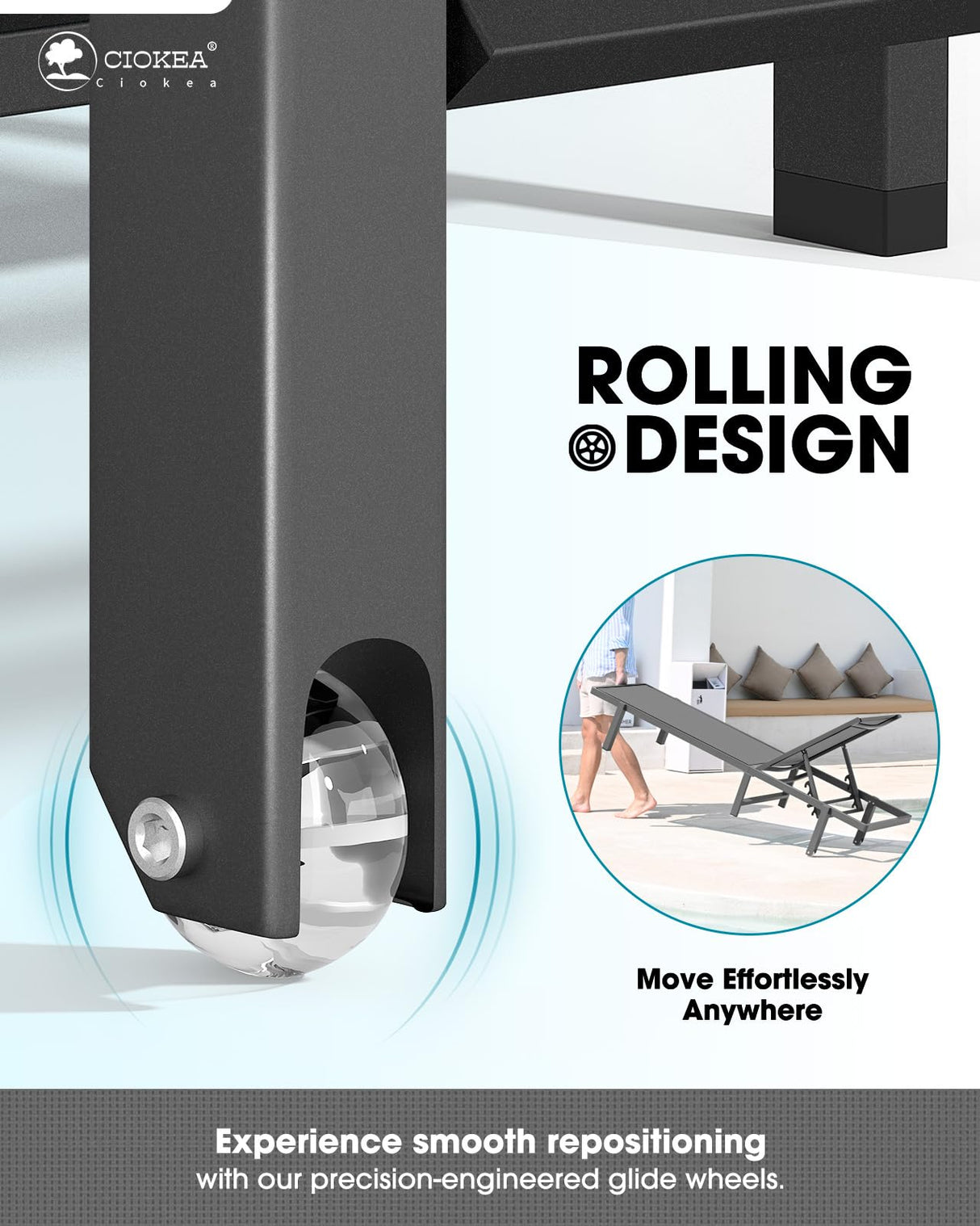 Aluminum Chaise Lounge Chair Outdoor with Wheels, Patio Lounge Chair with Adjustable 5-Position Recliner and Full Flat Tanning Chair for Patio, Beach, Pool, Grey Ciokea