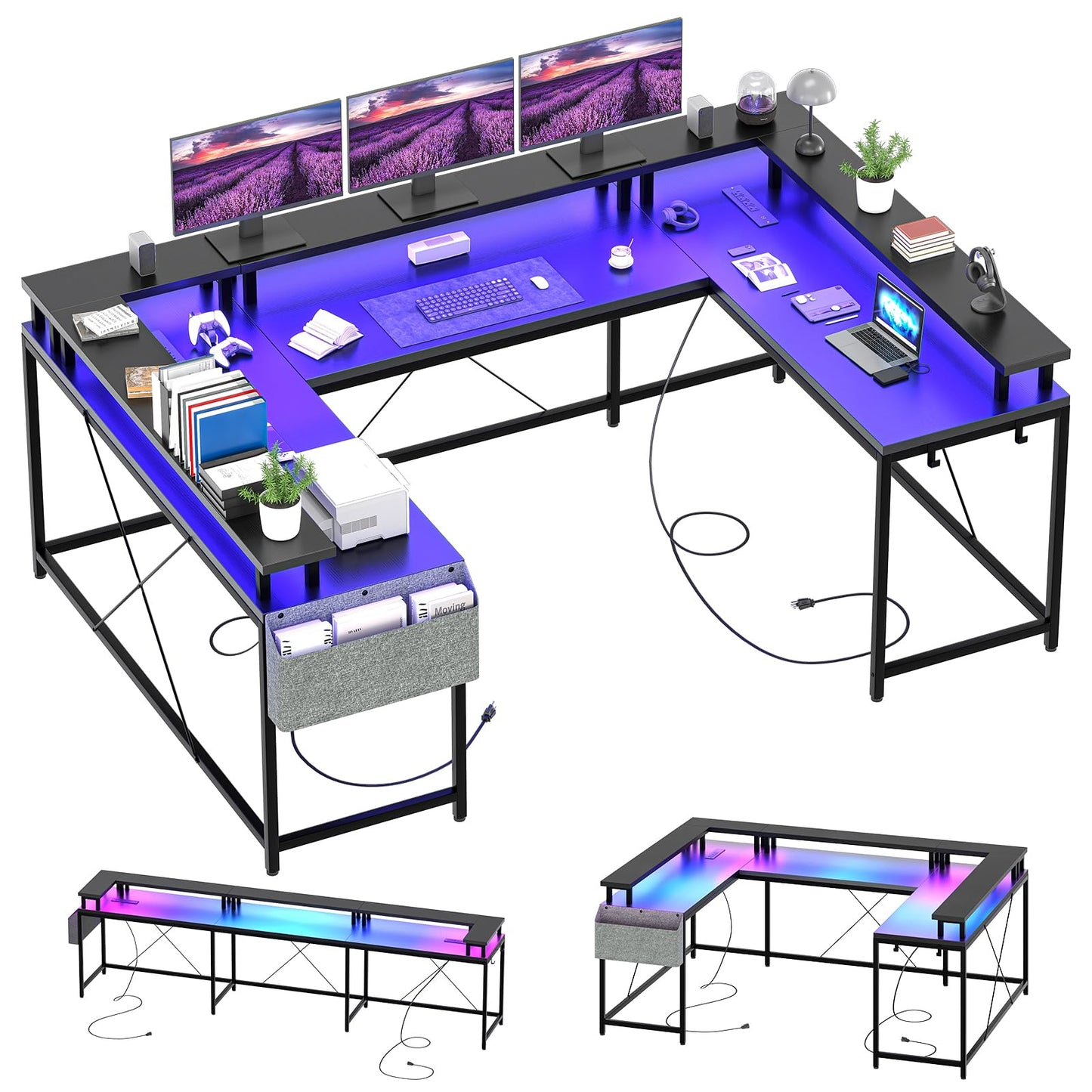 Jojoka U Shaped Desk, 79 Inch Large Corner Office Desk with Monitor Stands, Reversible L Shaped Computer Gaming Desk with Power Outlets & LED Lights,U Shaped Gaming Desk (Black)