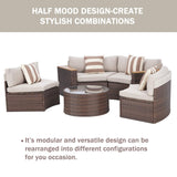 SUNCROWN Outdoor Round Sofa 5-Piece Patio Half-Moon Sectional Sets All Weather Wicker Conversation Furniture with Round Table and Thick Cushion (Light Brown) SUNCROWN
